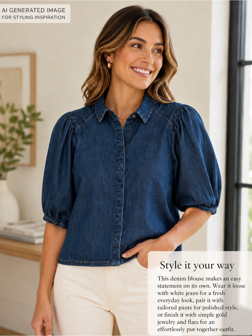 Express Denim Puff Sleeve Portofino Button Up Shirt Size S NWT